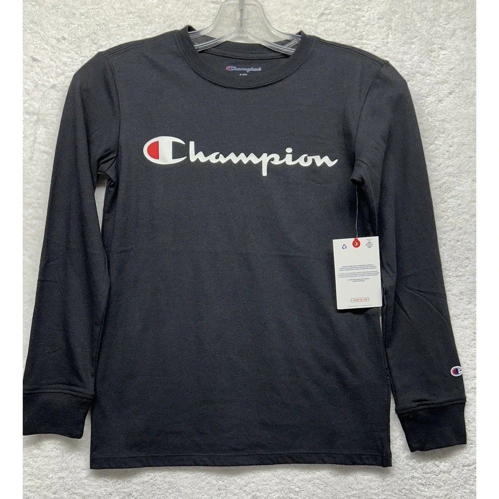Champion Kids Size S Black Long Sleeve Crew Neck T Shirt New (U6)